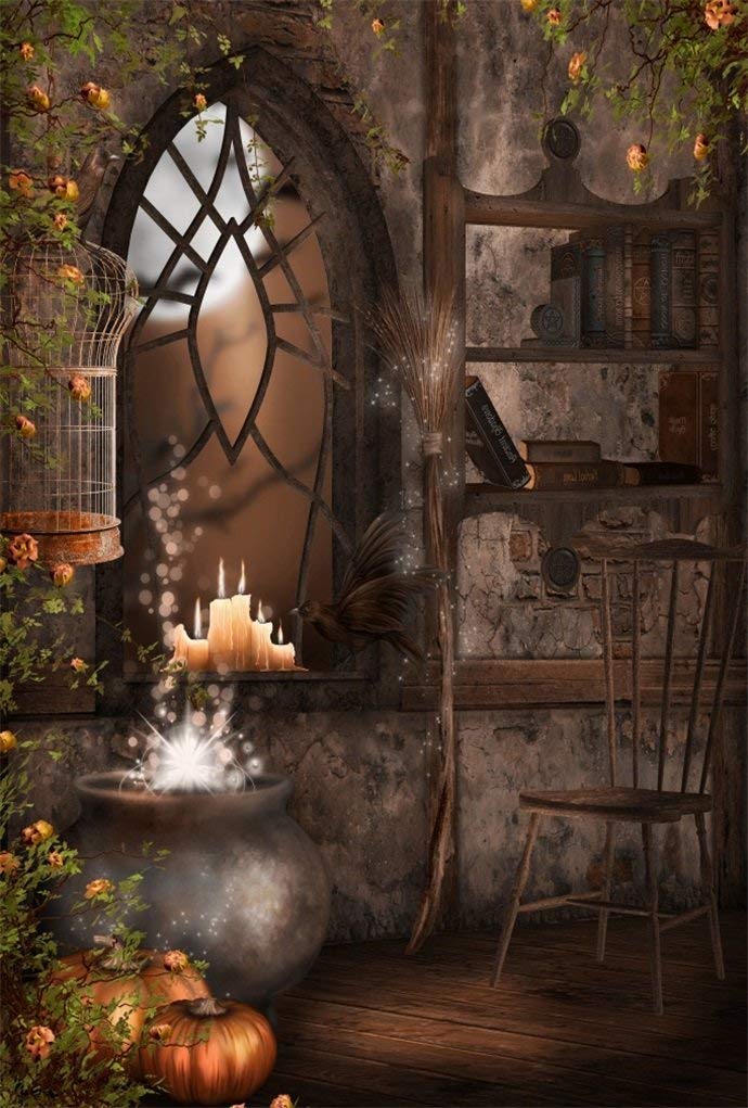 AOFOTO 5x7ft Vintage Magic Room Background Witch Magical Potion Photography Backdrop Medieval Wizard Candle Pumpkin Broom Bookshelf Boy Girl Child Kid Portrait Halloween Photo Studio Props Wallpaper - Image 2
